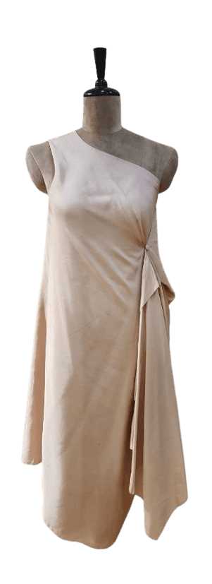 White one-shoulder dress with 3D floral lace and asymmetric sleeve