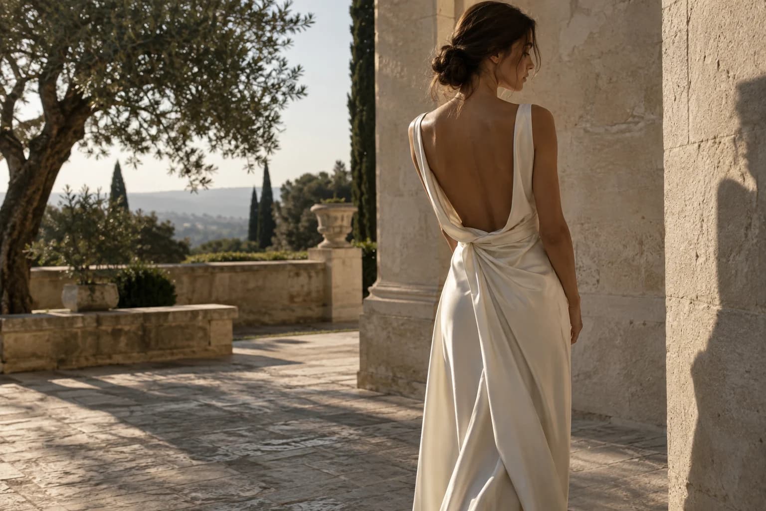 Editorial study of an ivory draped dress in a sunlit stone courtyard